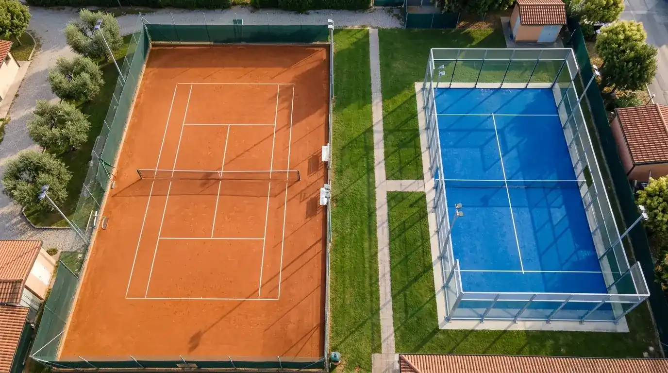 Vista aerea con campo da tennis e campo da padel affiancati, con misure visivamente diverse