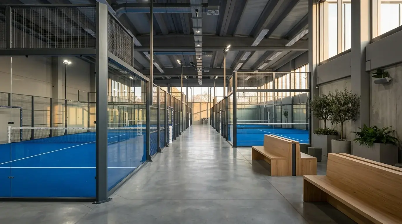 Campo da padel indoor in un club italiano con vetri perimetrali e illuminazione zenitale