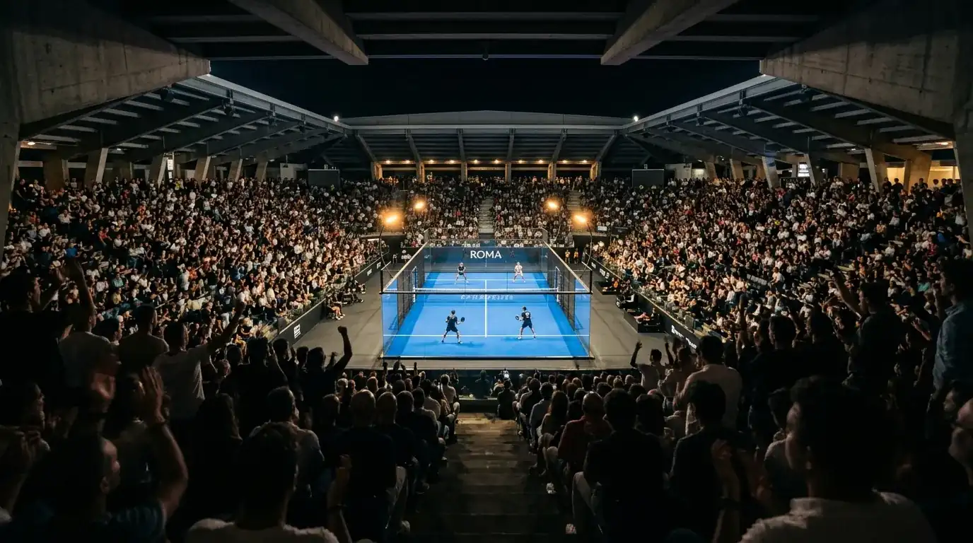 Match di Premier Padel al Foro Italico di Roma con tribune piene durante una finale serale