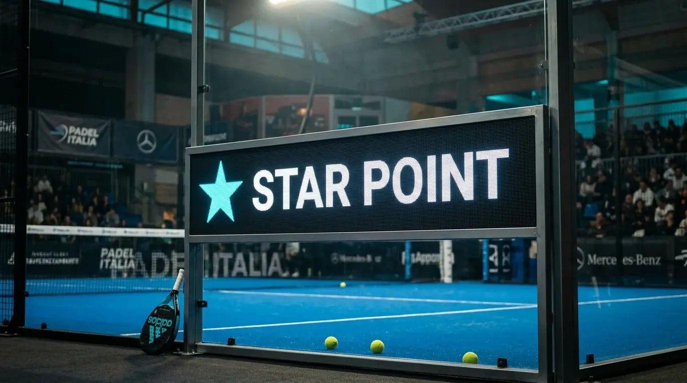 Punteggio Star Point illuminato sul tabellone luminoso di un campo da padel professionistico